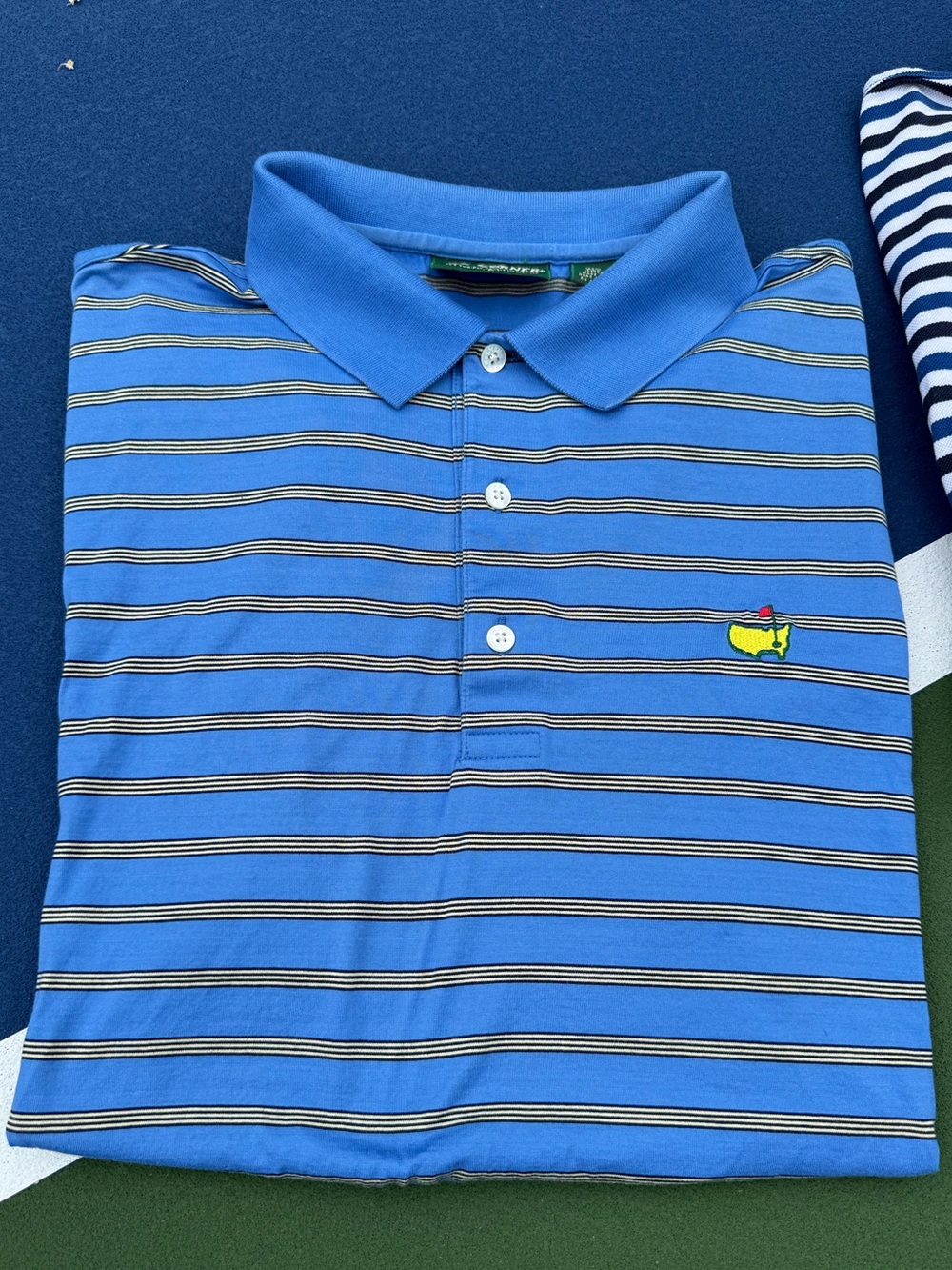 Brand New Masters Collection Mens Blue Striped Golf Polo Shirt embroidered logo